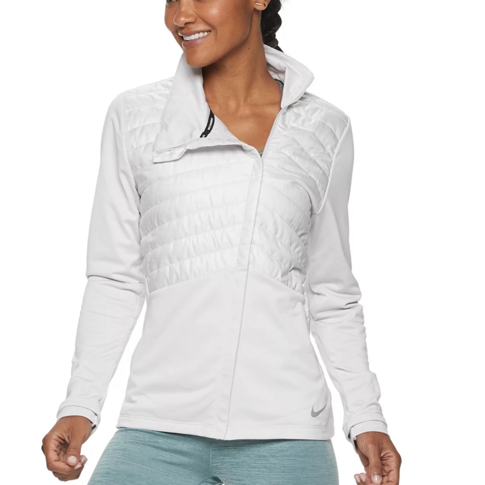 Nike Womens Essential Puffer-Panel Running Jacket, Size Large, Color is grey.